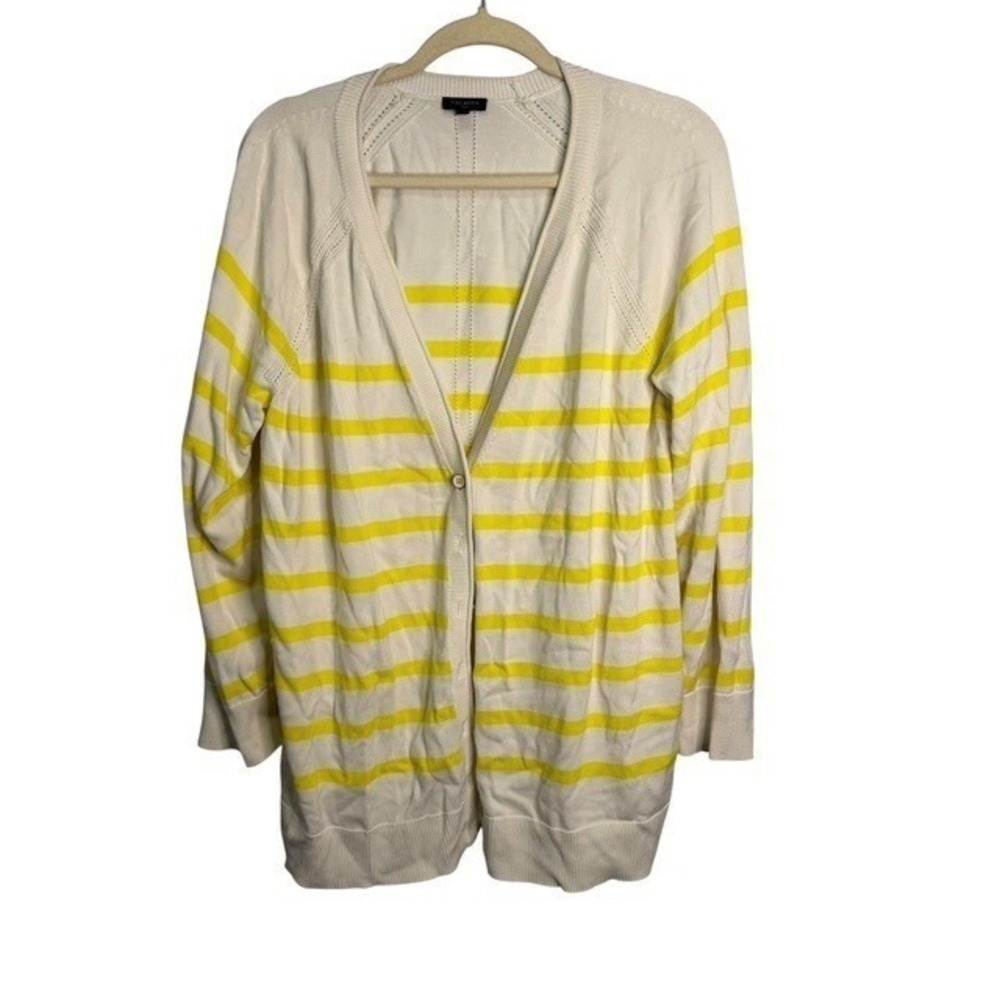 Talbots Womens Size 2X Cardigan Sweater Ivory Yellow Striped Cotton Blend V-Neck